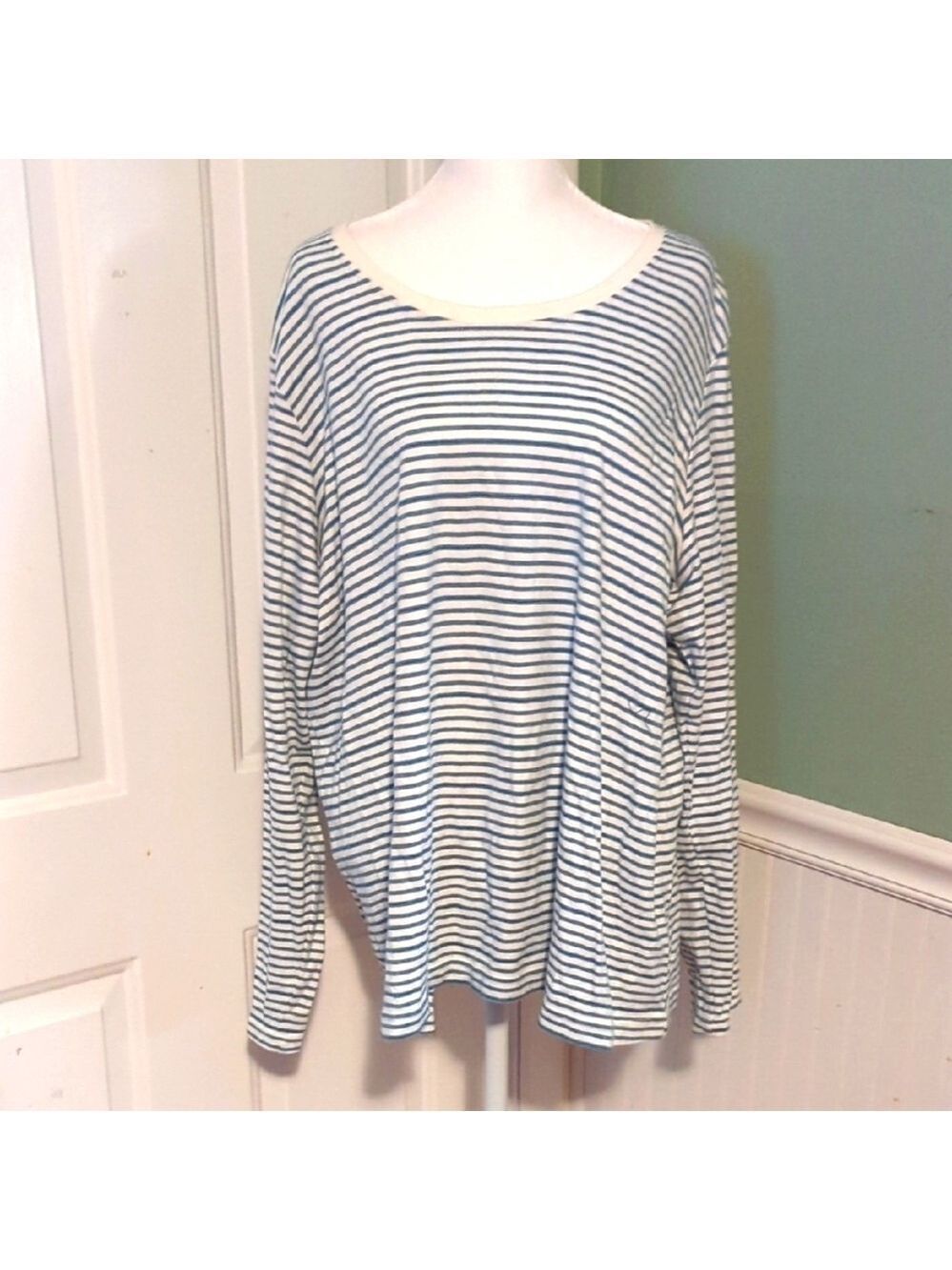 Basic Editions Women's Plus Long Sleeve Shirt Blue White Stripes 2X